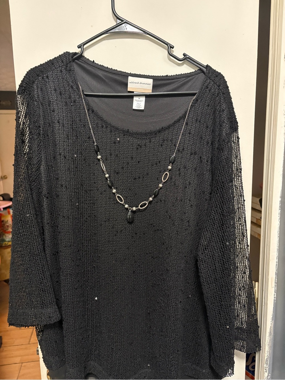 Alfred Dunner Black Sheer Knit Blouse with Accent Necklace